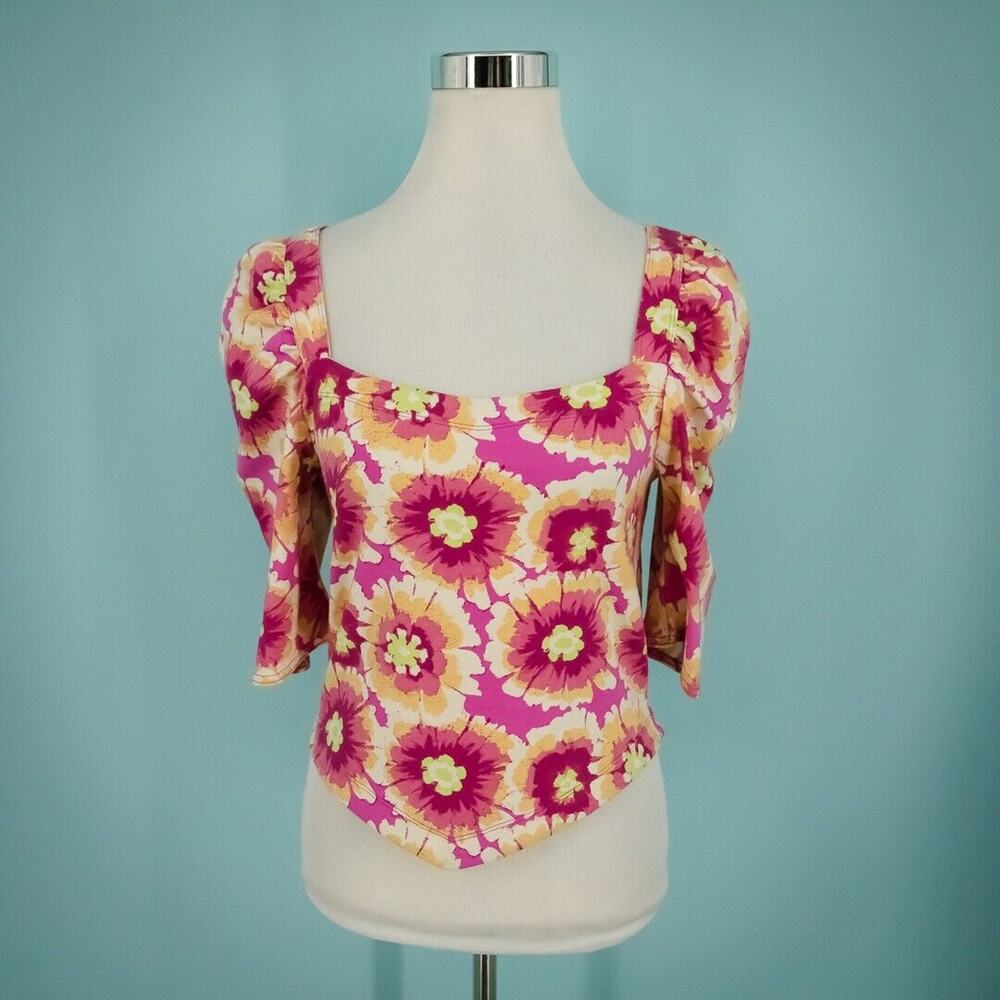 Free People Size Large L Give Me More Pink Floral Puff Short Sleeve Crop Top